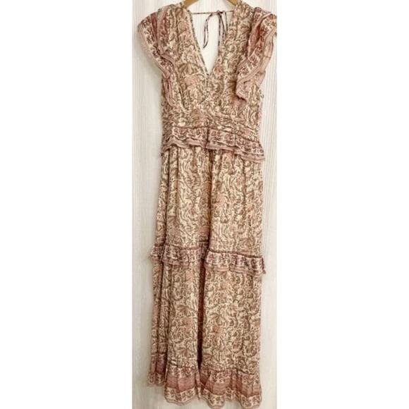 Cleobella Cherie Ankle Pink Brown Tiered Midi Dainty Ruffle dress zinnia Large - Picture 6 of 6